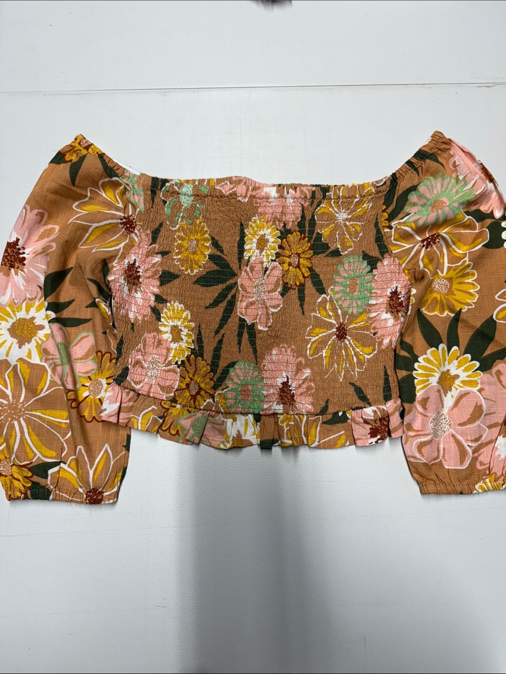 Roxy Floral Smocked Off-Shoulder Crop Top - Pink, Yellow & Brown
